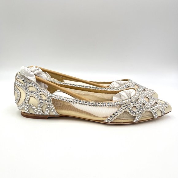 Badgley Mischka BHLDN Size 8 Gigi Point Toe Jeweled Ivory Ballet Flats Shoes - Picture 3 of 16